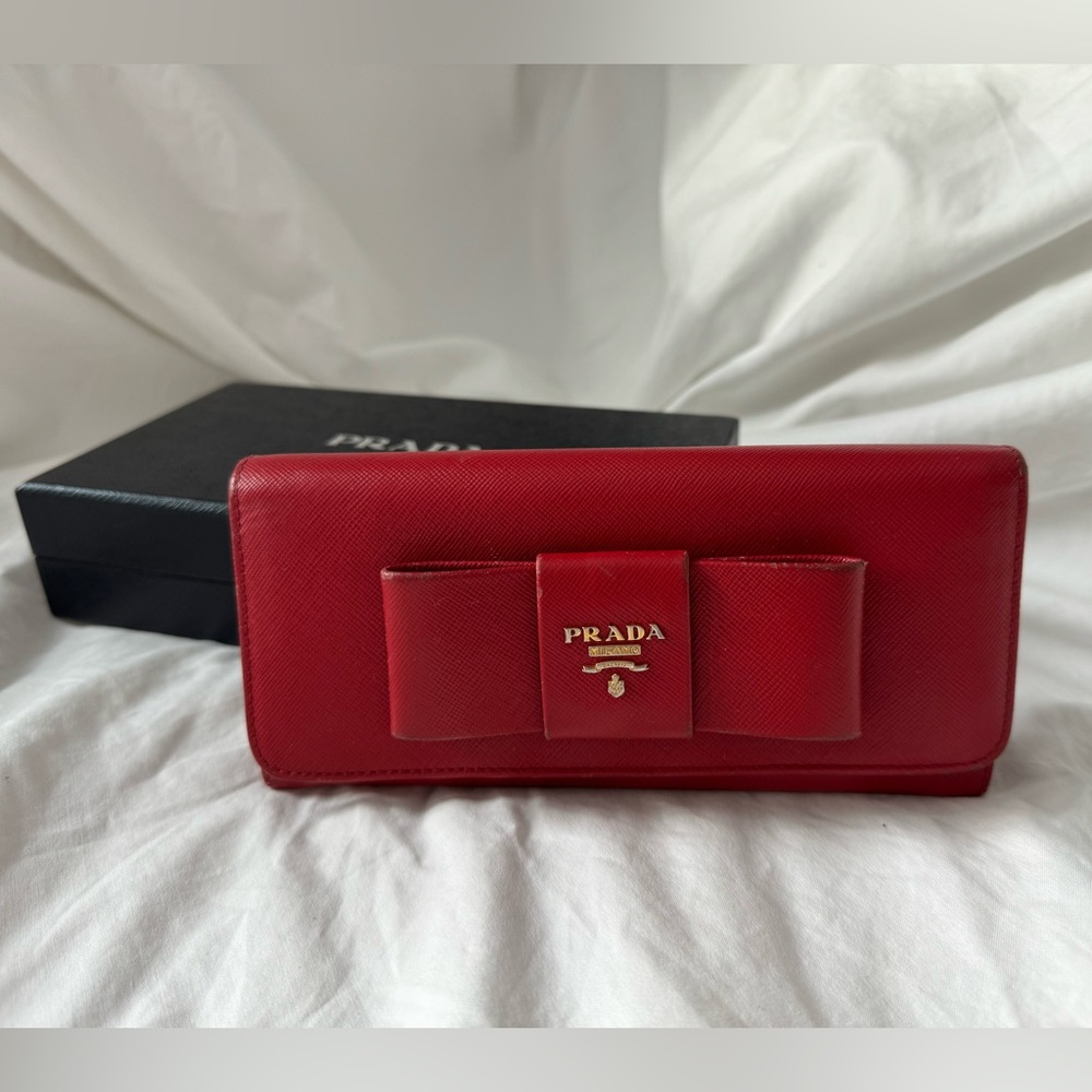 Prada Long Wallet: Designer Luxury in RED Leather with Ribbon Bow (Authentic)